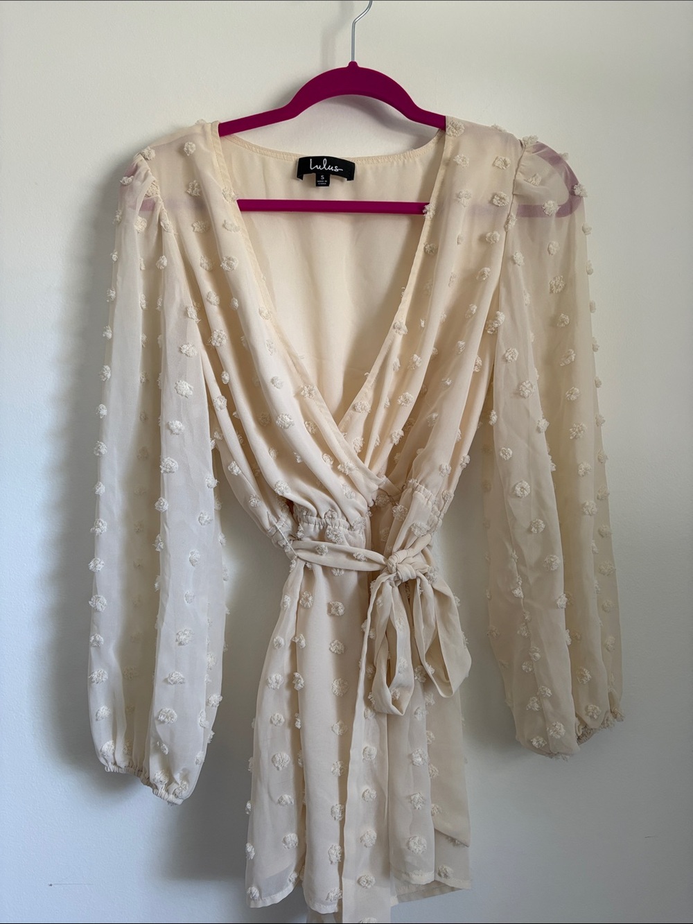 Lulu's Cream Romper V-Neck and tie at waist.